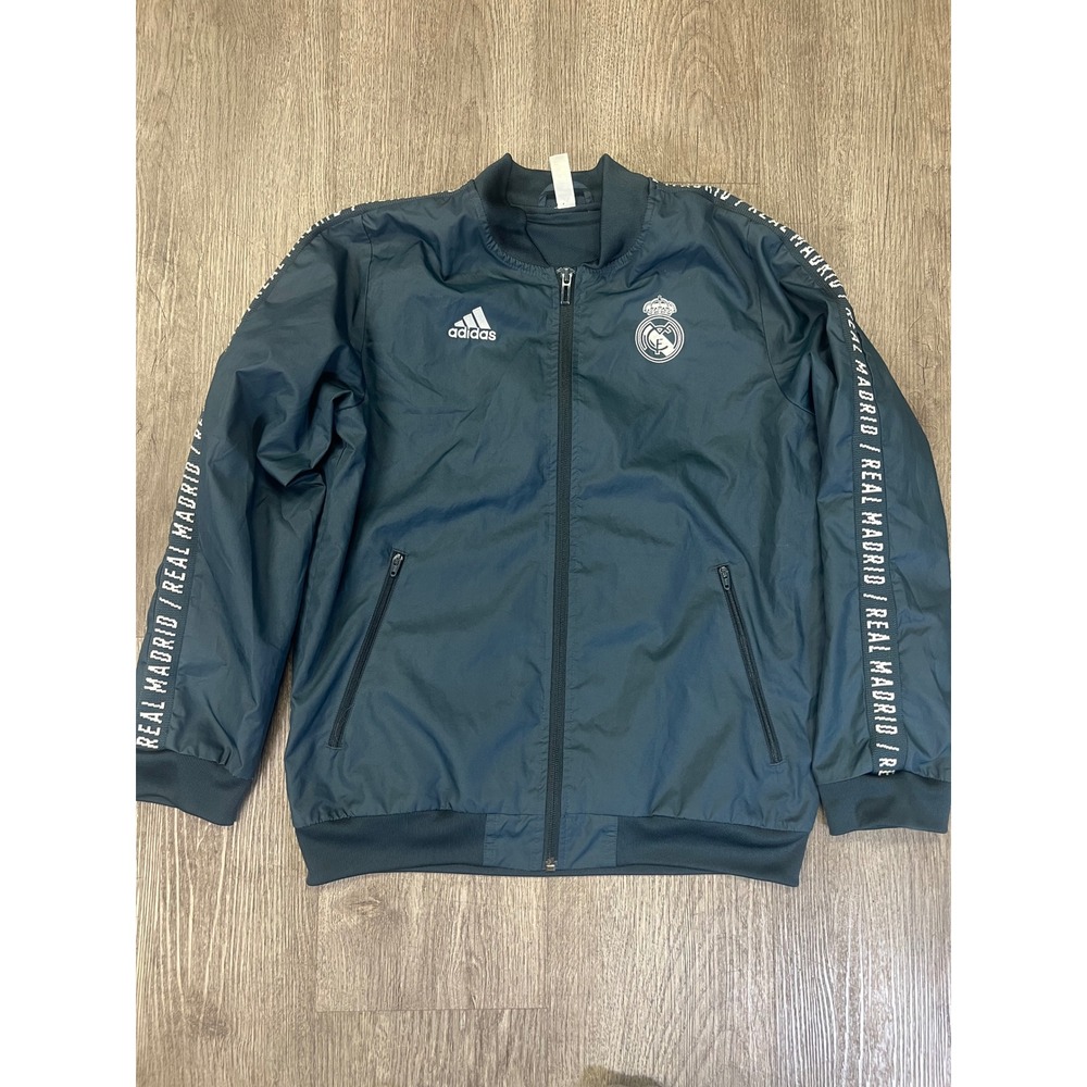 Adidas Real Madrid CF Boys Youth Medium Full Zip Windbreaker Jacket Navy Blue